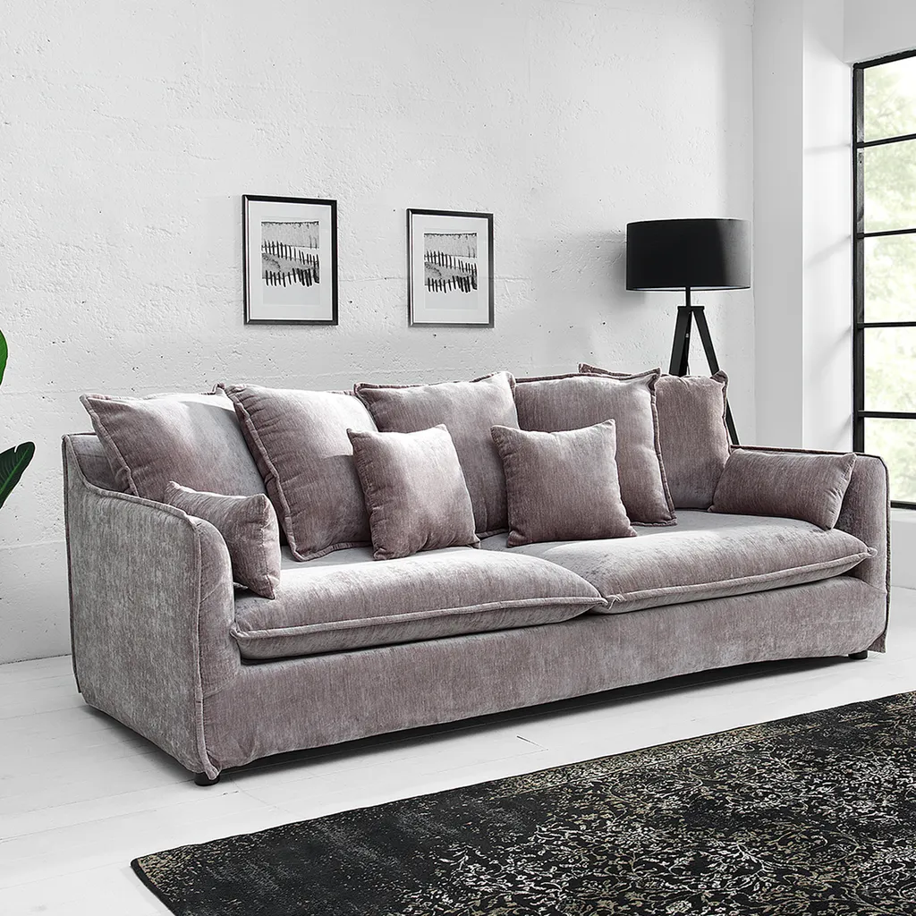 Großes Hussensofa HEAVEN 3-Sitzer 202cm taupe Samt inkl. Kissen Sofa Couch Federkern